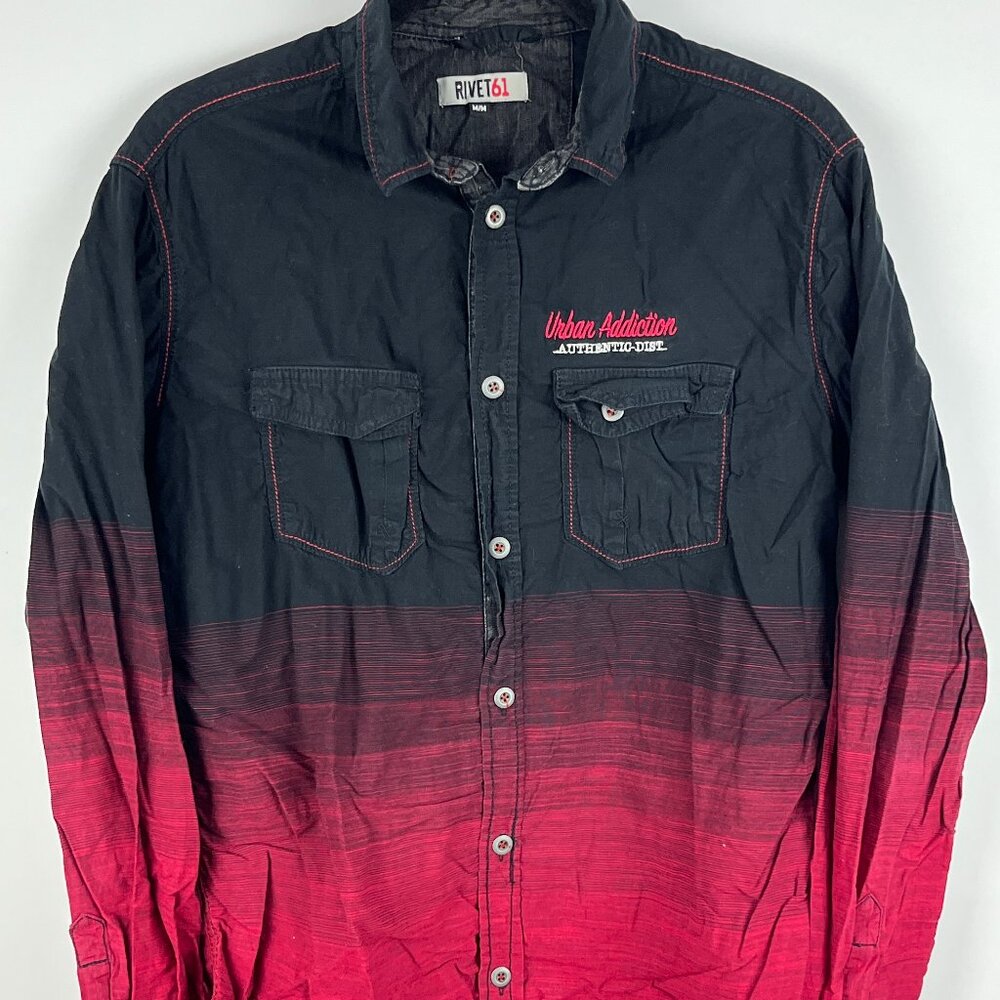 Rivet 61 Casual Button Down Shirt Size M Black Red Long Sleeve Pockets Cotton